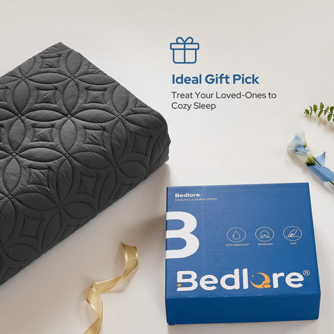 BEDLORE lifestyle shot of mattress protector in bed delivering noiseless, cozy sleep