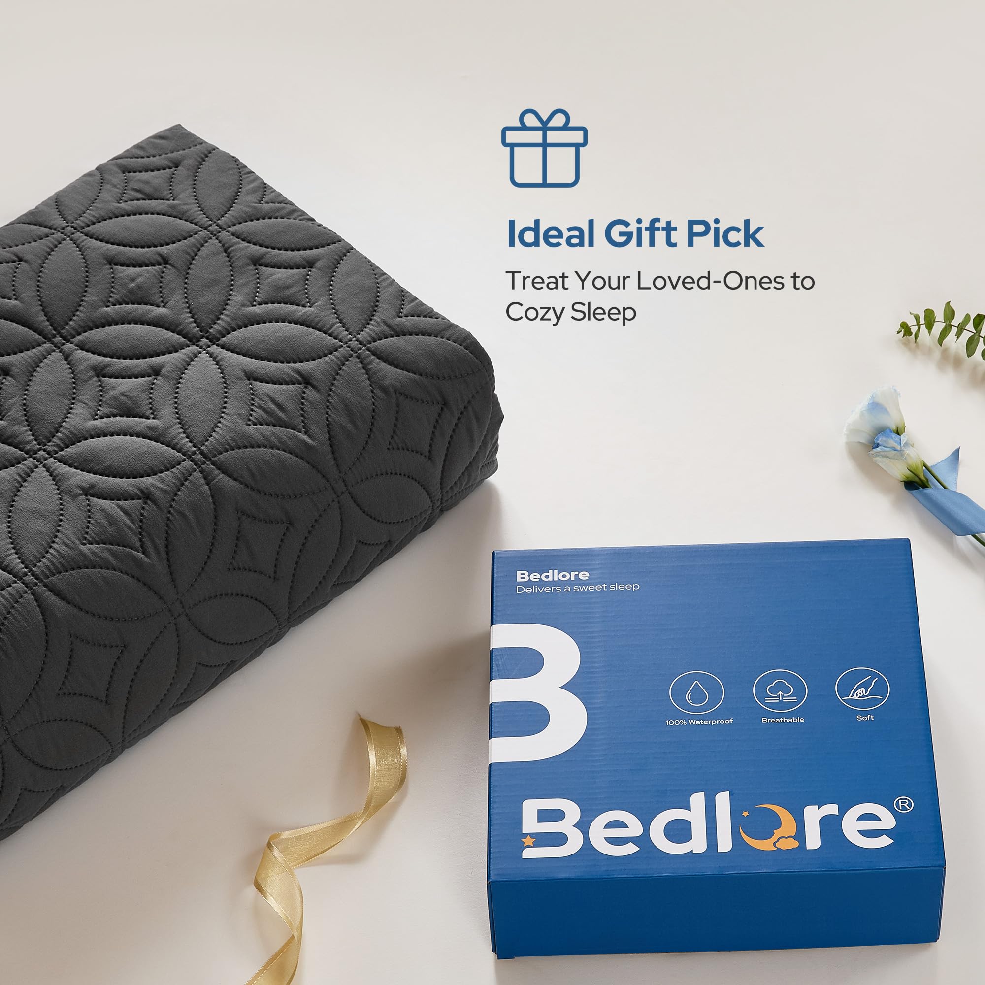 BEDLORE protector on a styled bedroom bed demonstrating clean, protected sleep surface
