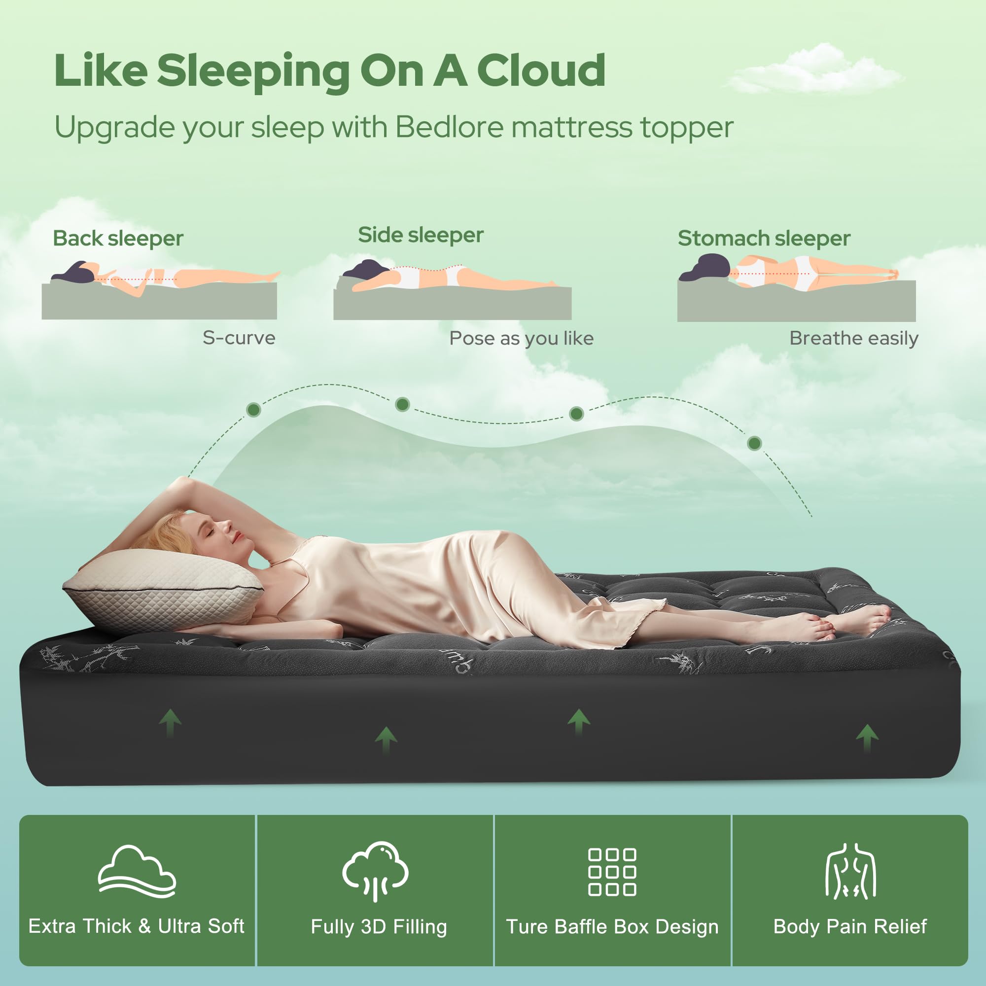 BEDLORE topper layered on styled bed illustrating upgraded bedroom comfort