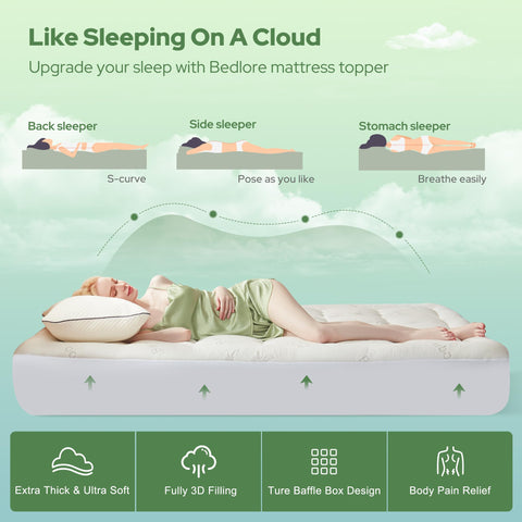 BEDLORE topper on California king mattress adding plush surface