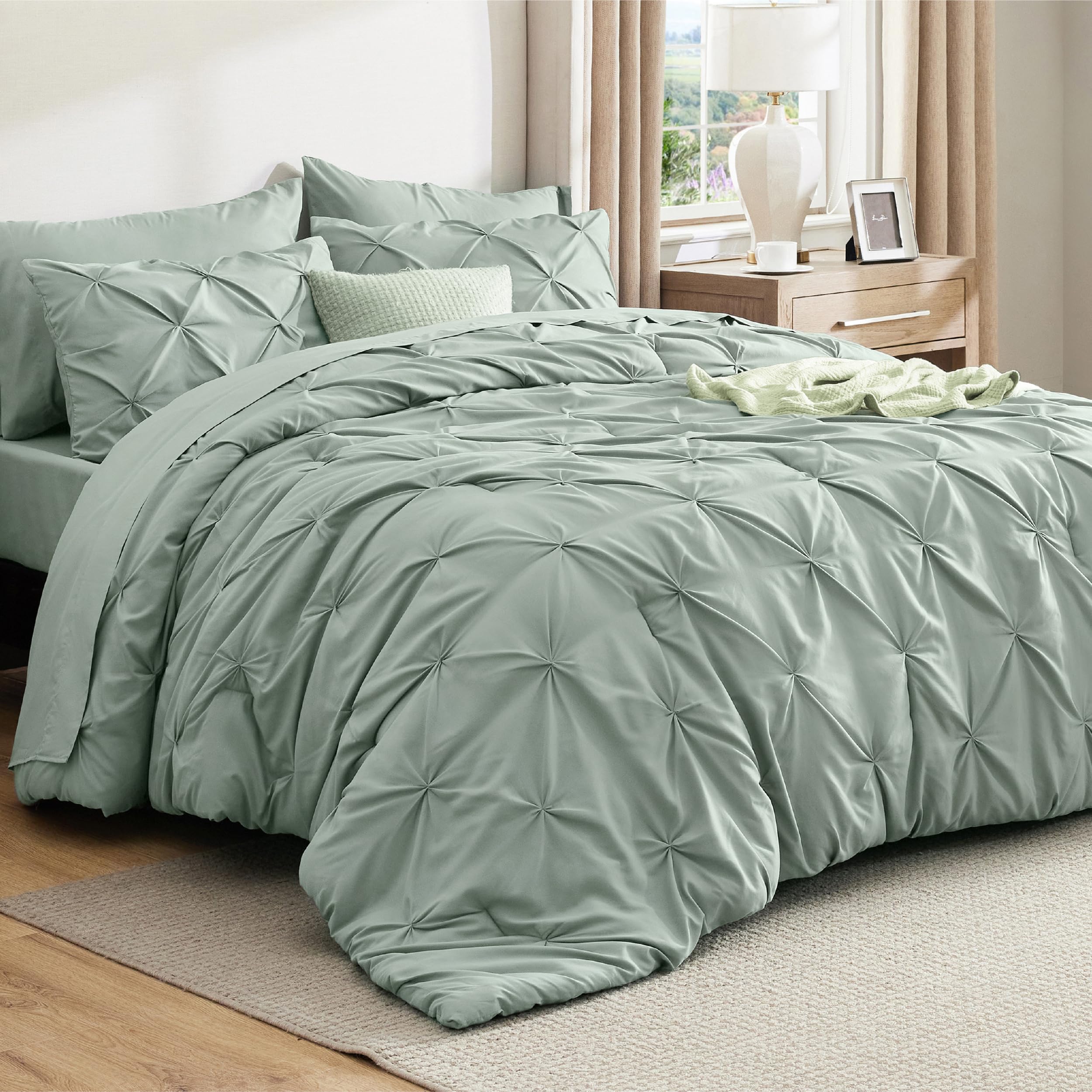 Bedsure comforter front view showing sage green duvet and hotel-like appeal