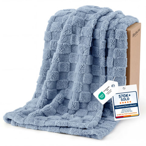 Bedsure Ashley Blue front view showing full twin blanket and modern checkered design for style