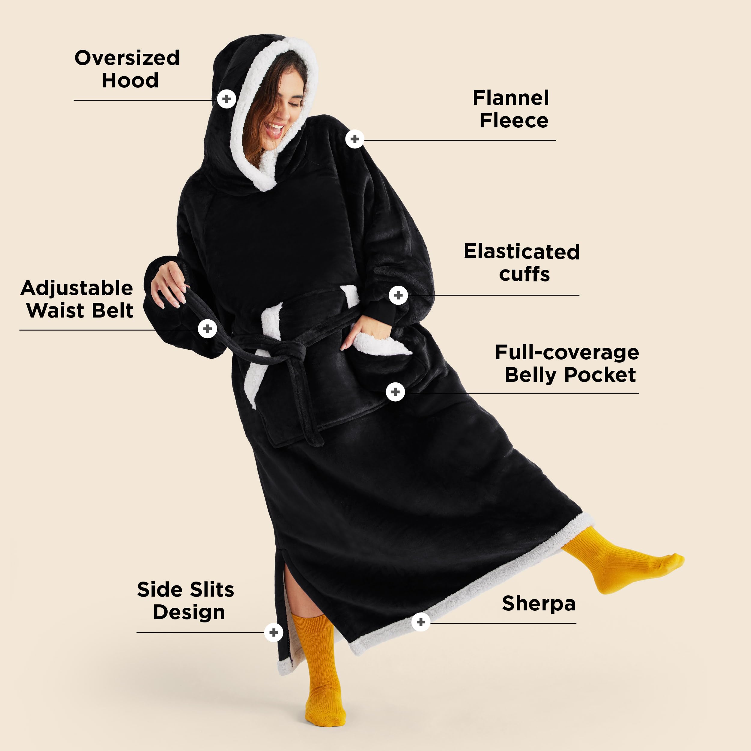 Bedsure back view of hooded blanket sweatshirt demonstrating full-length coverage