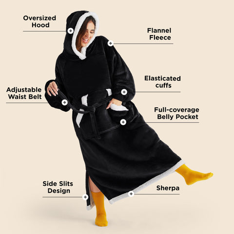 Bedsure back view of hooded blanket sweatshirt demonstrating full-length coverage