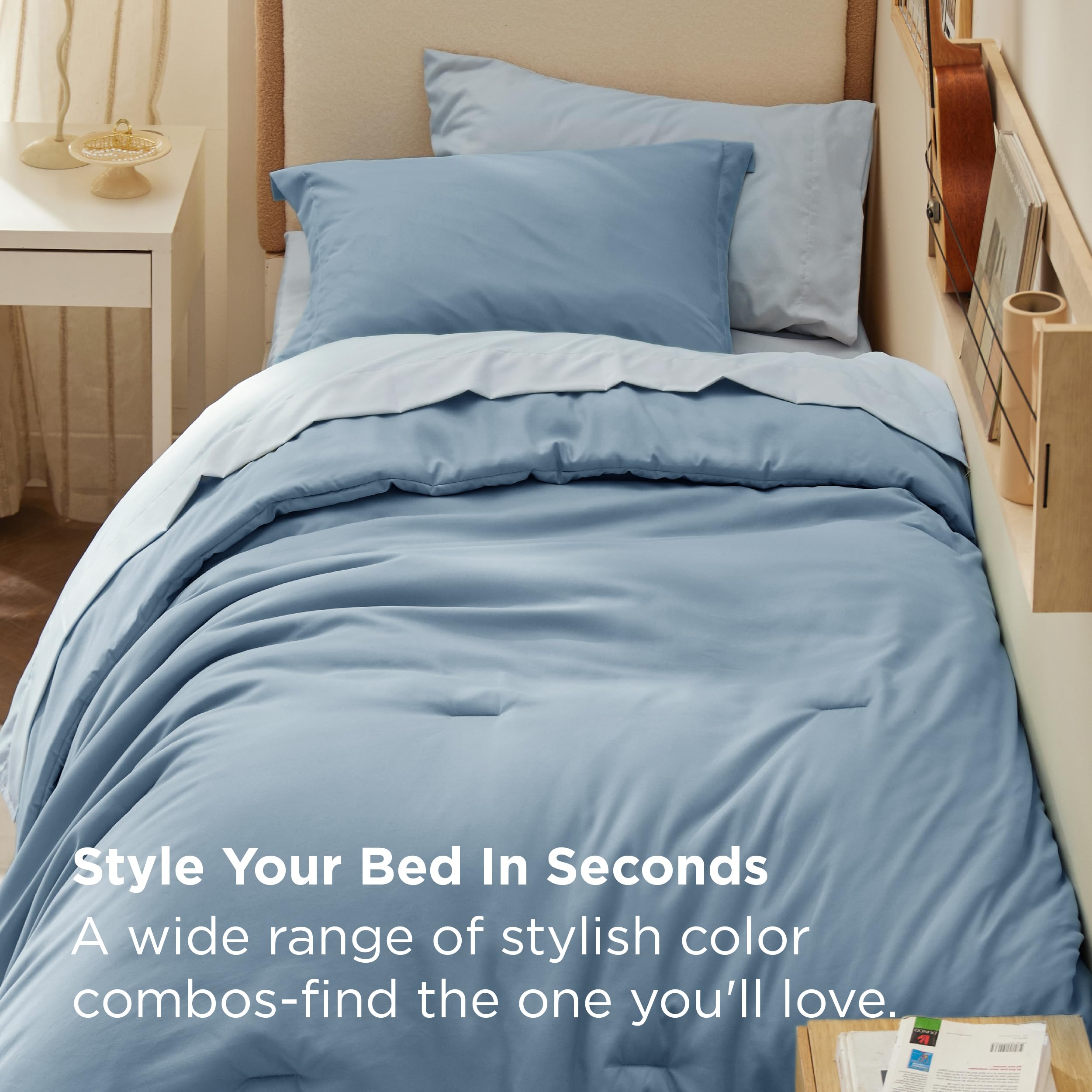 Bedsure lifestyle dorm bedroom staged to show ready-made coordinated bedding look