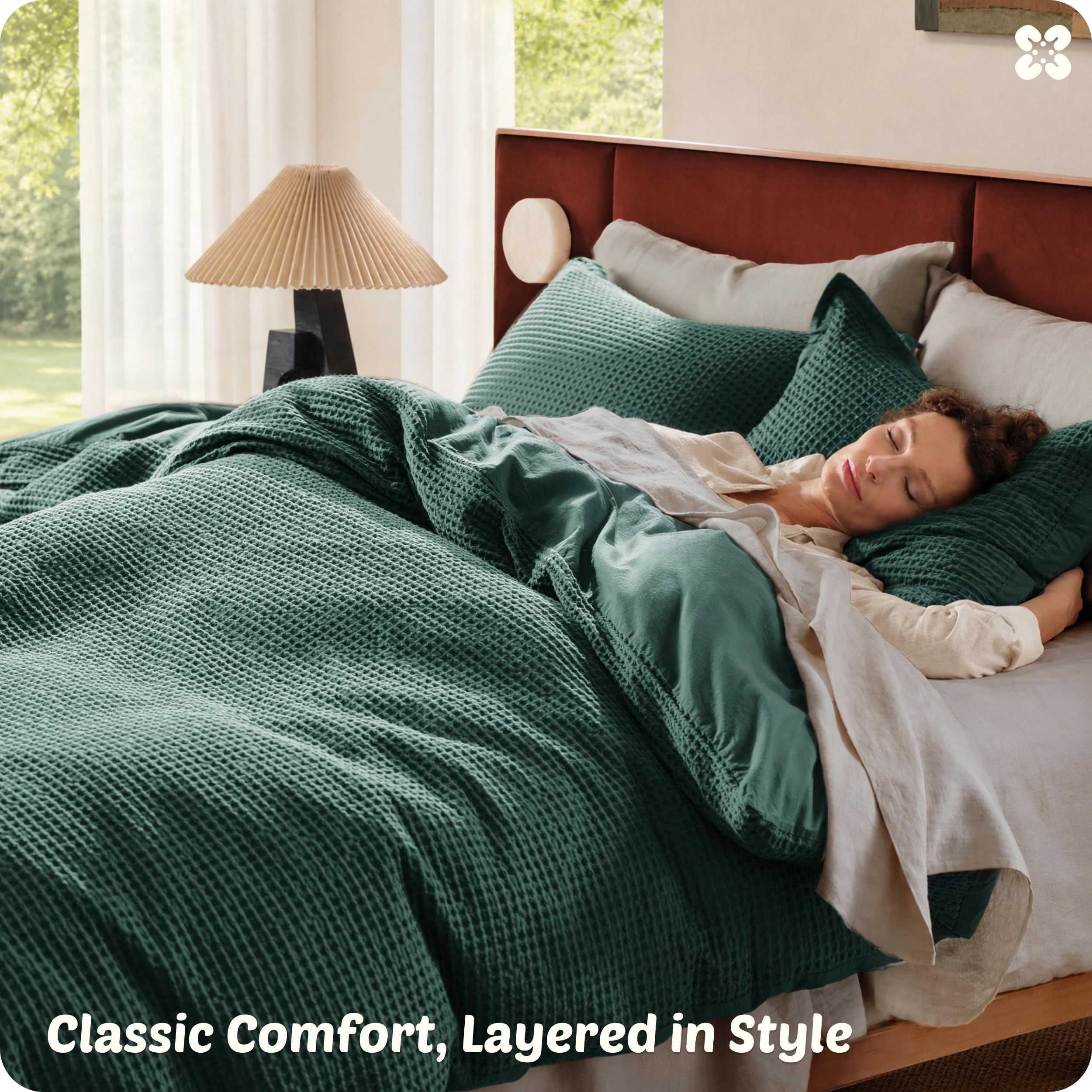Bedsure styled bedroom lifestyle shot showing relaxed layered bedding