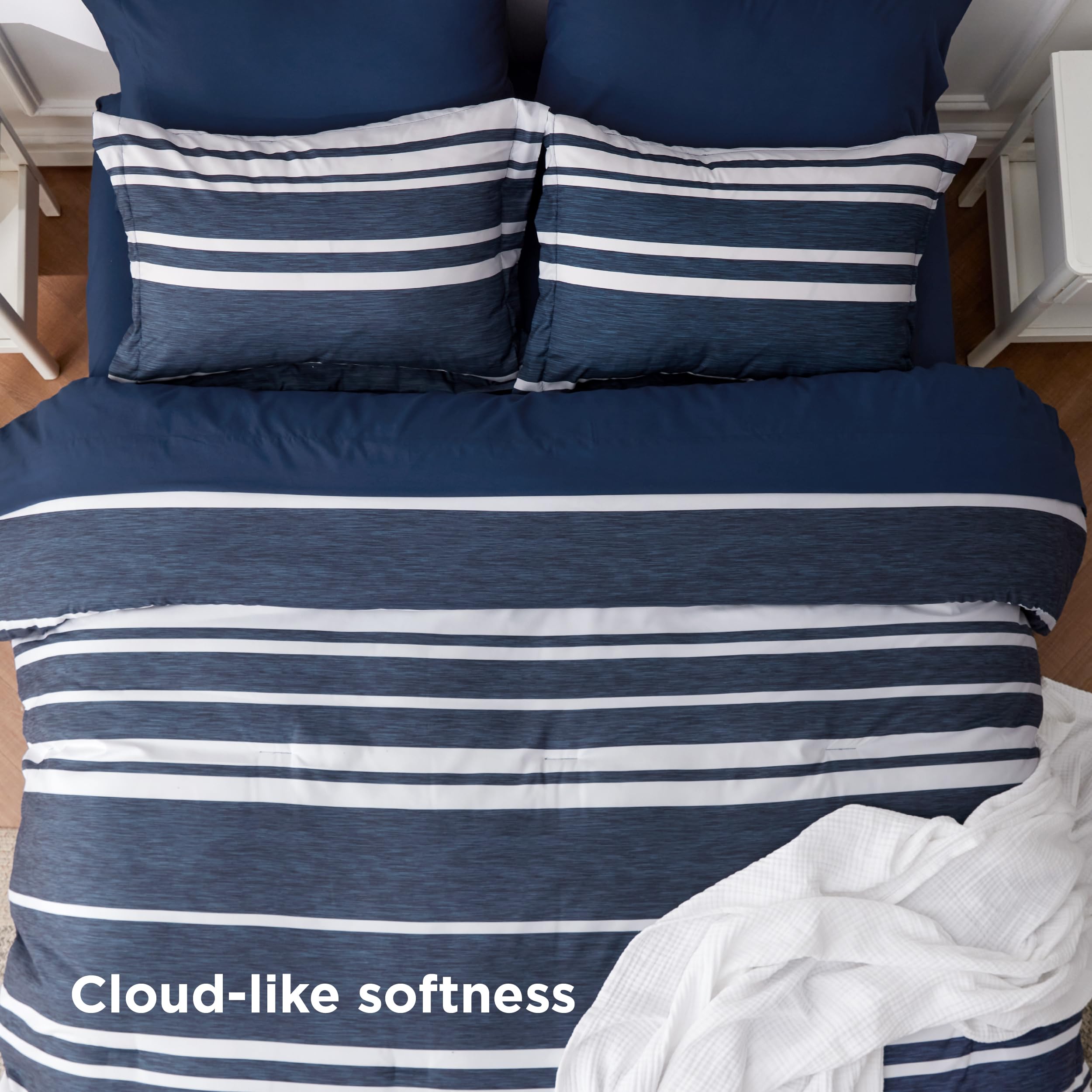 Bedsure styled bedroom scene conveying modern navy décor and easy upkeep