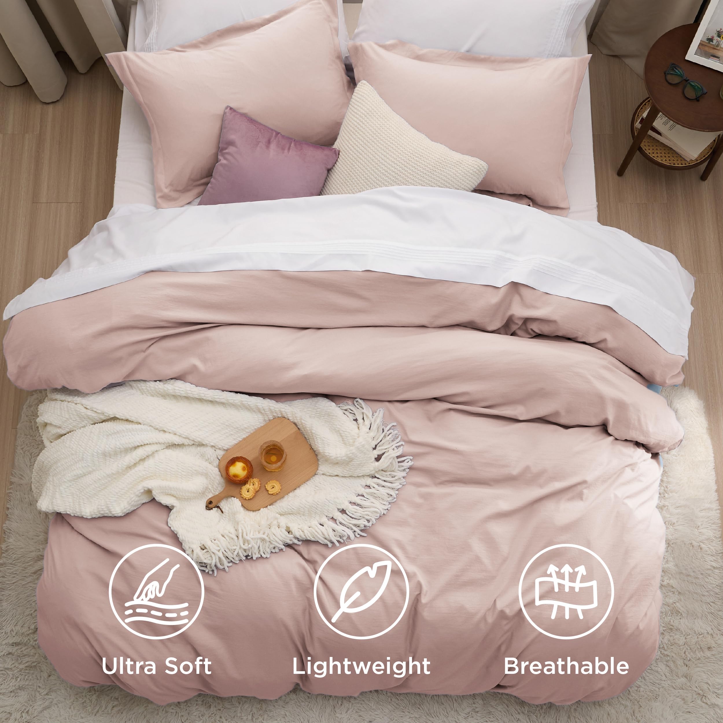 Bedsure styled bedroom scene with rose pink cover for a warm, coordinated decor look