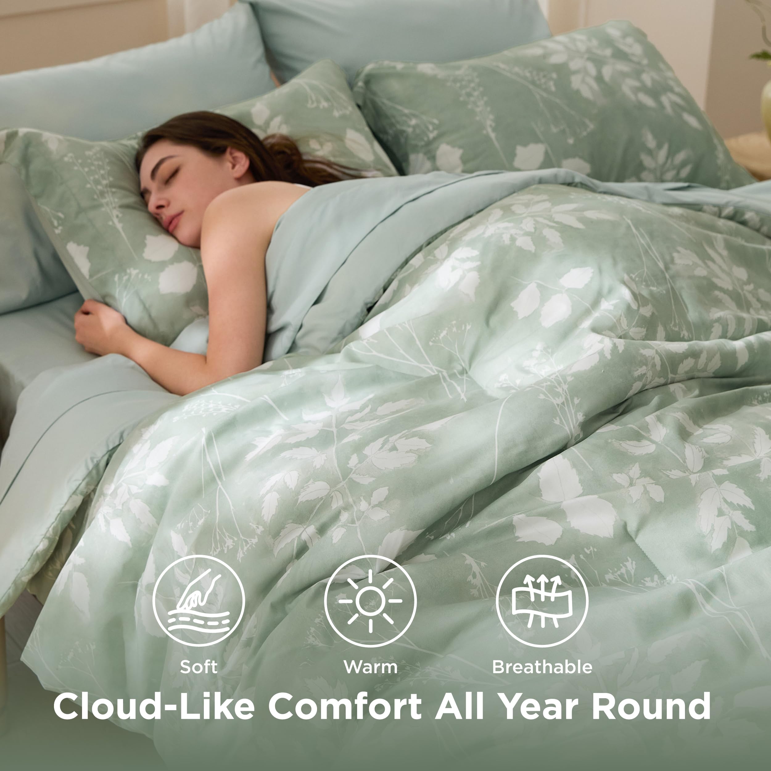 Bedsure styled bedroom with comforter set showing calming sage tone and decor harmony