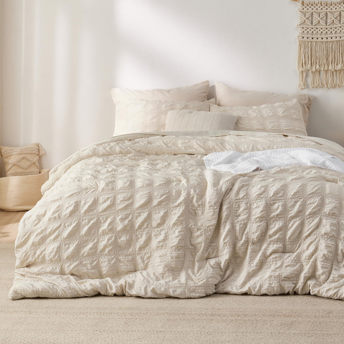 Bedsure beige comforter front view showing full set and refined styling benefit