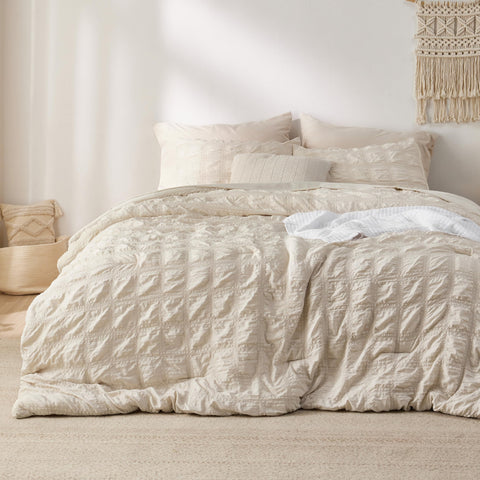 Bedsure beige comforter front view showing full set and refined styling benefit