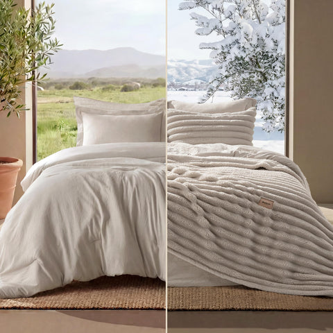 Bedsure front view of beige king comforter showing full bed coverage and cozy look