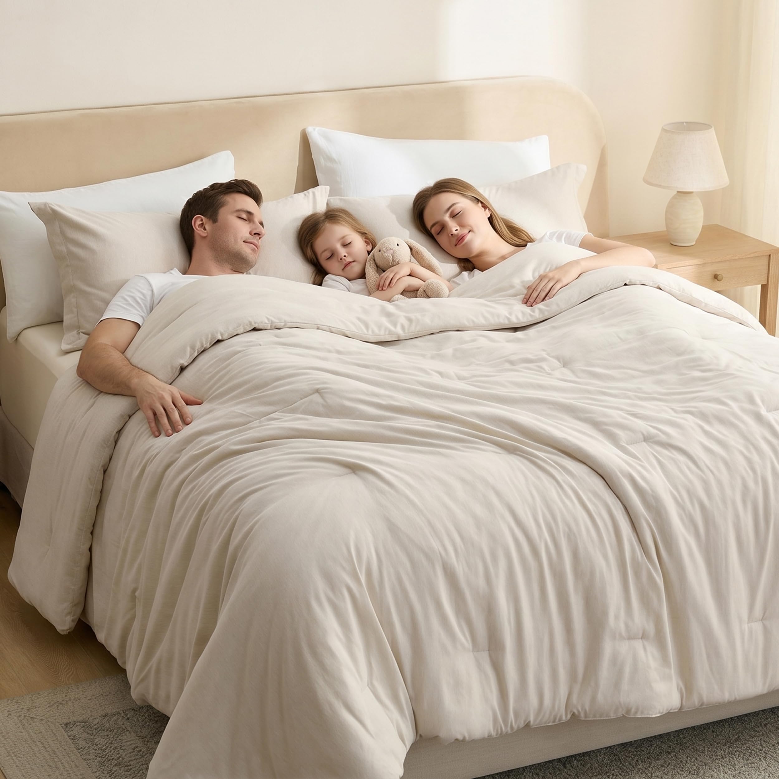 Bedsure front view of beige oversized comforter showing full coverage and softness