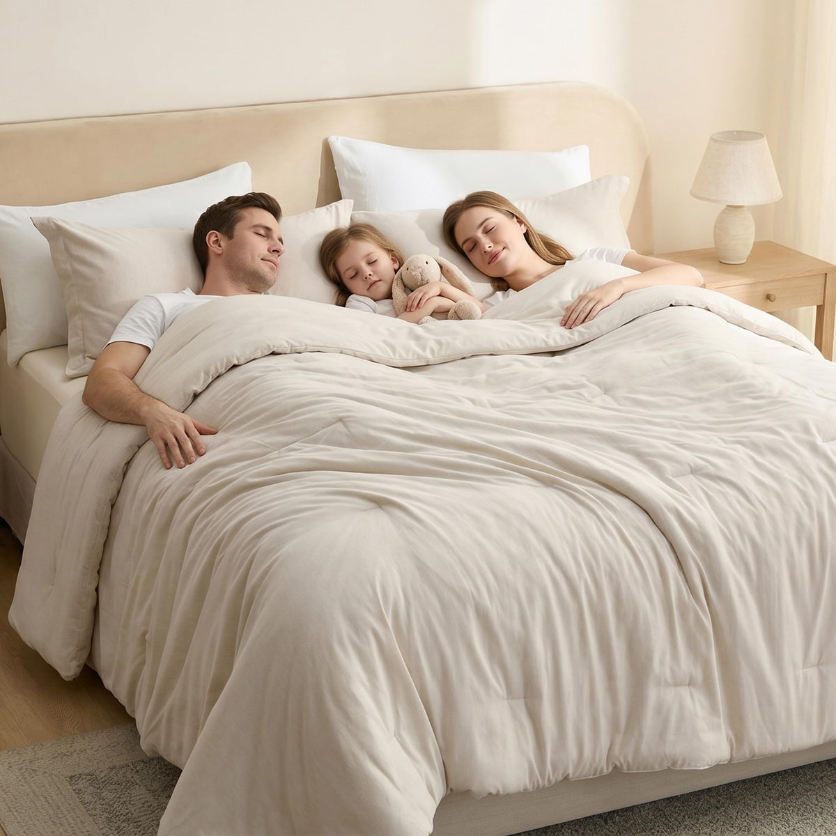Bedsure front view of beige oversized comforter showing full coverage and softness