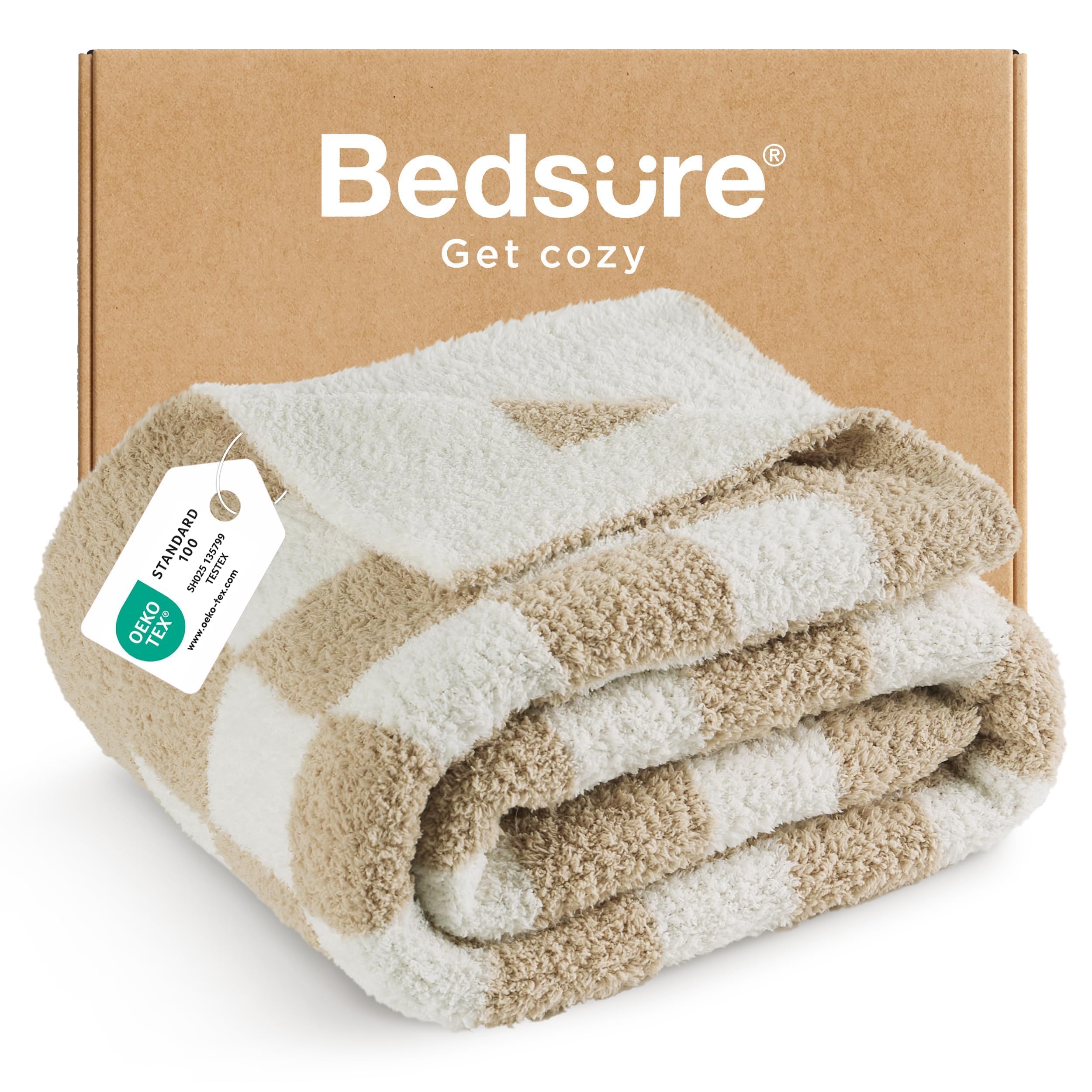 Bedsure beige throw front view showing checkered design and cozy look