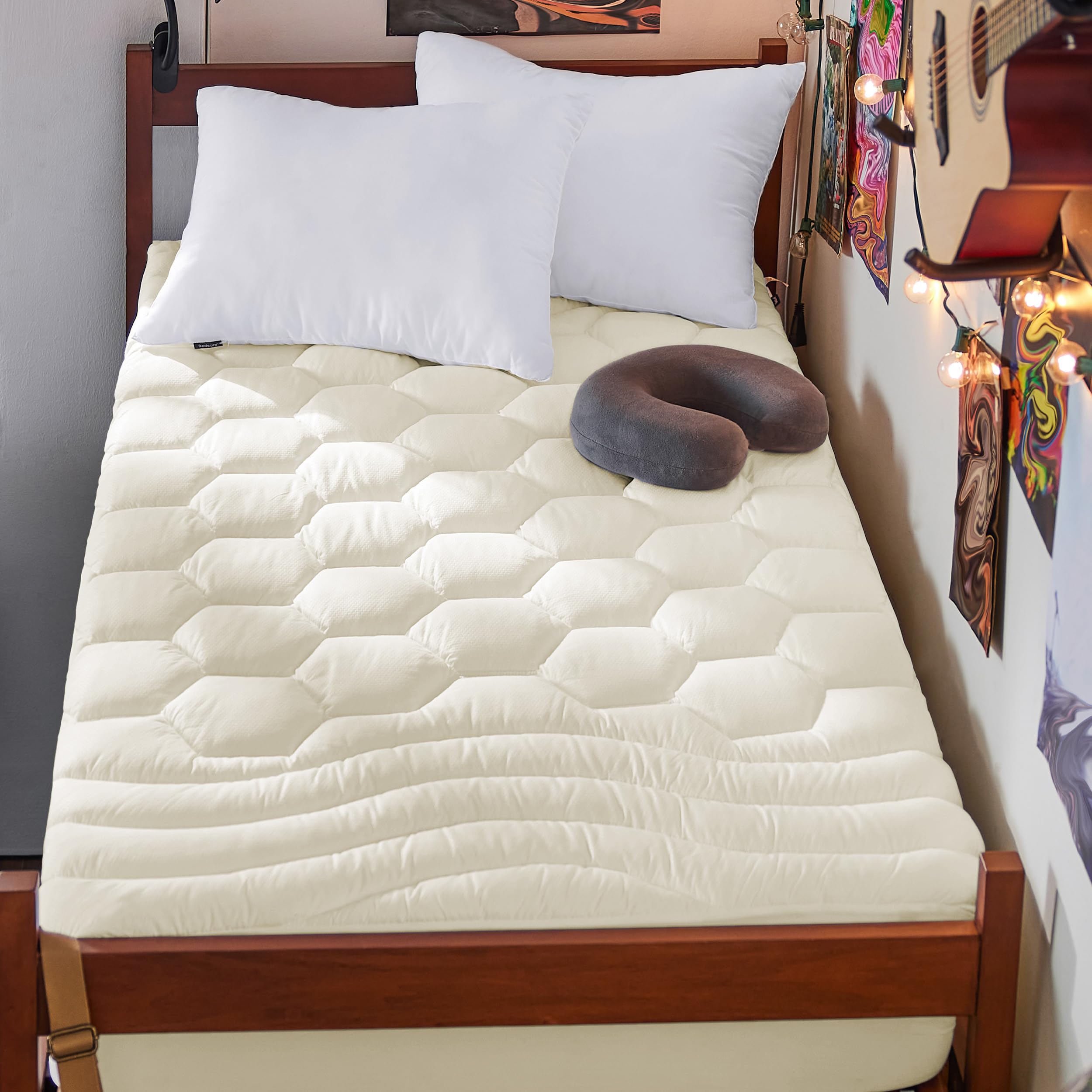 Bedsure front view of beige Twin XL pad showing full coverage and neat finish