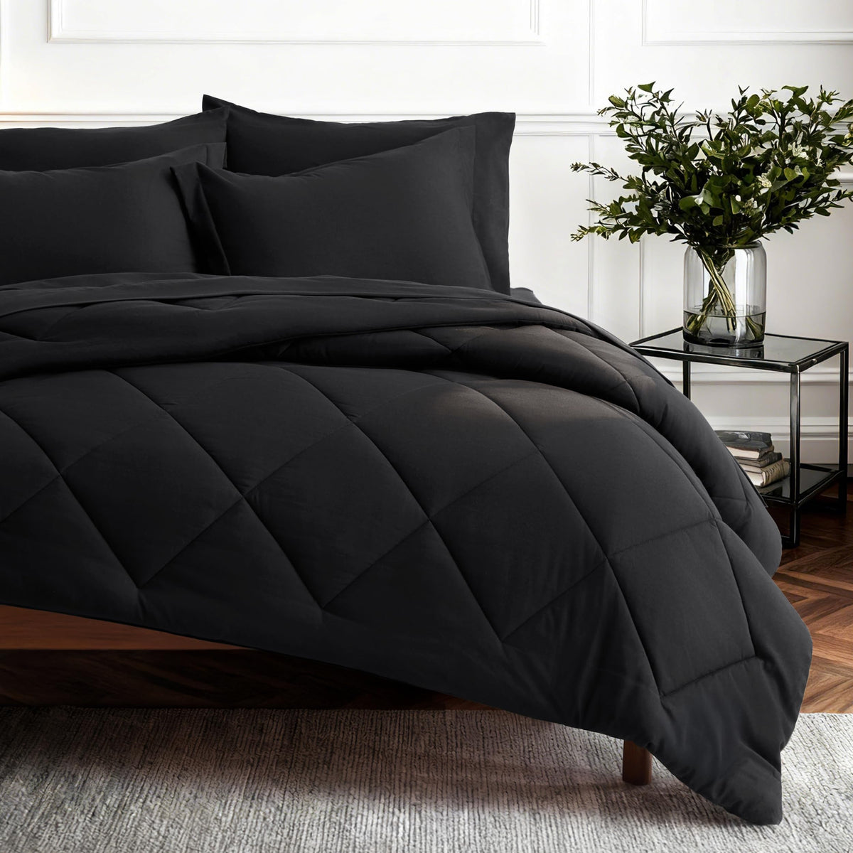 Bedsure front view of black queen comforter set showing coordinated look and easy styling