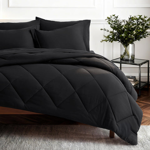 Bedsure front view of black queen comforter set showing coordinated look and easy styling