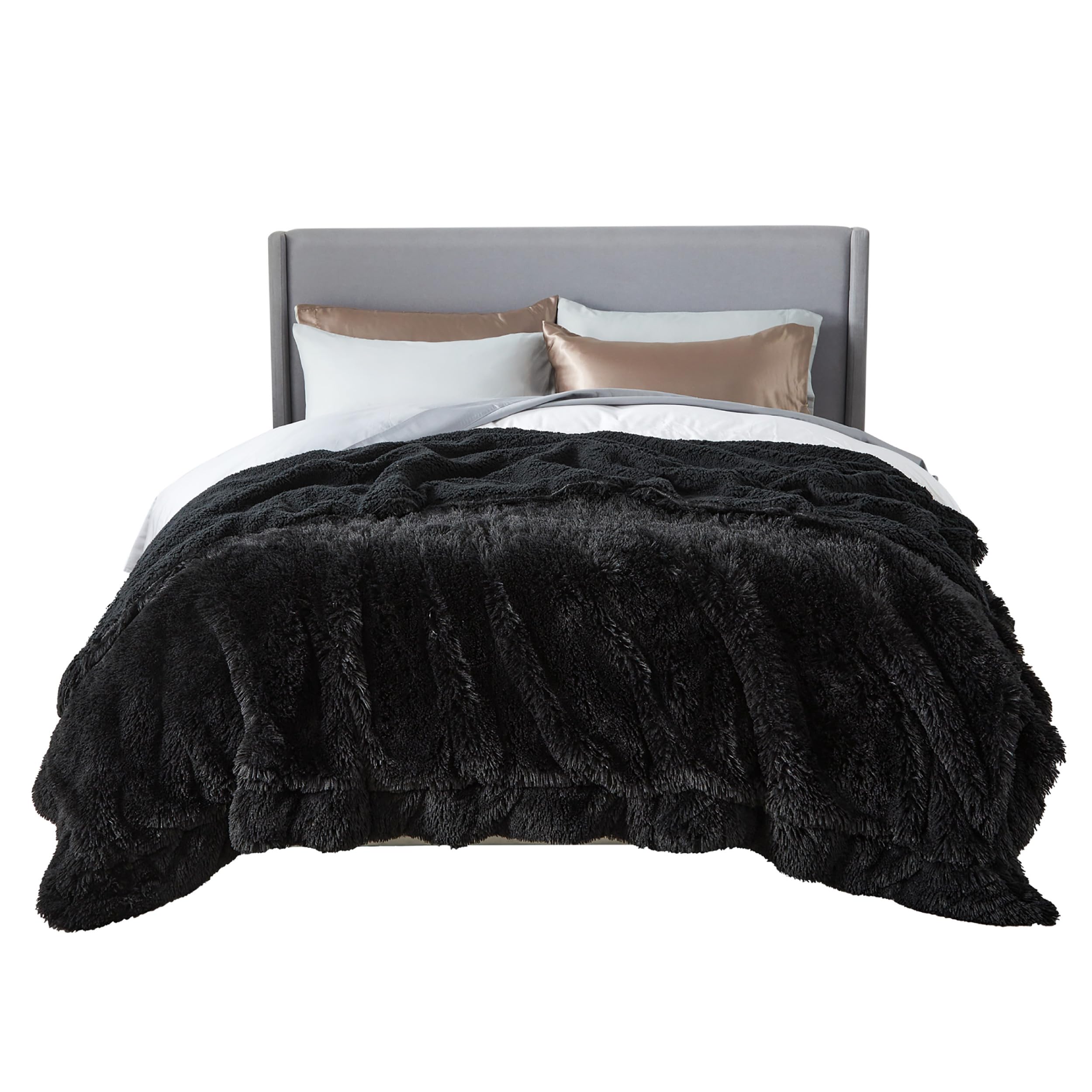 Bedsure blanket front view showing plush faux fur and modern black look for warmth