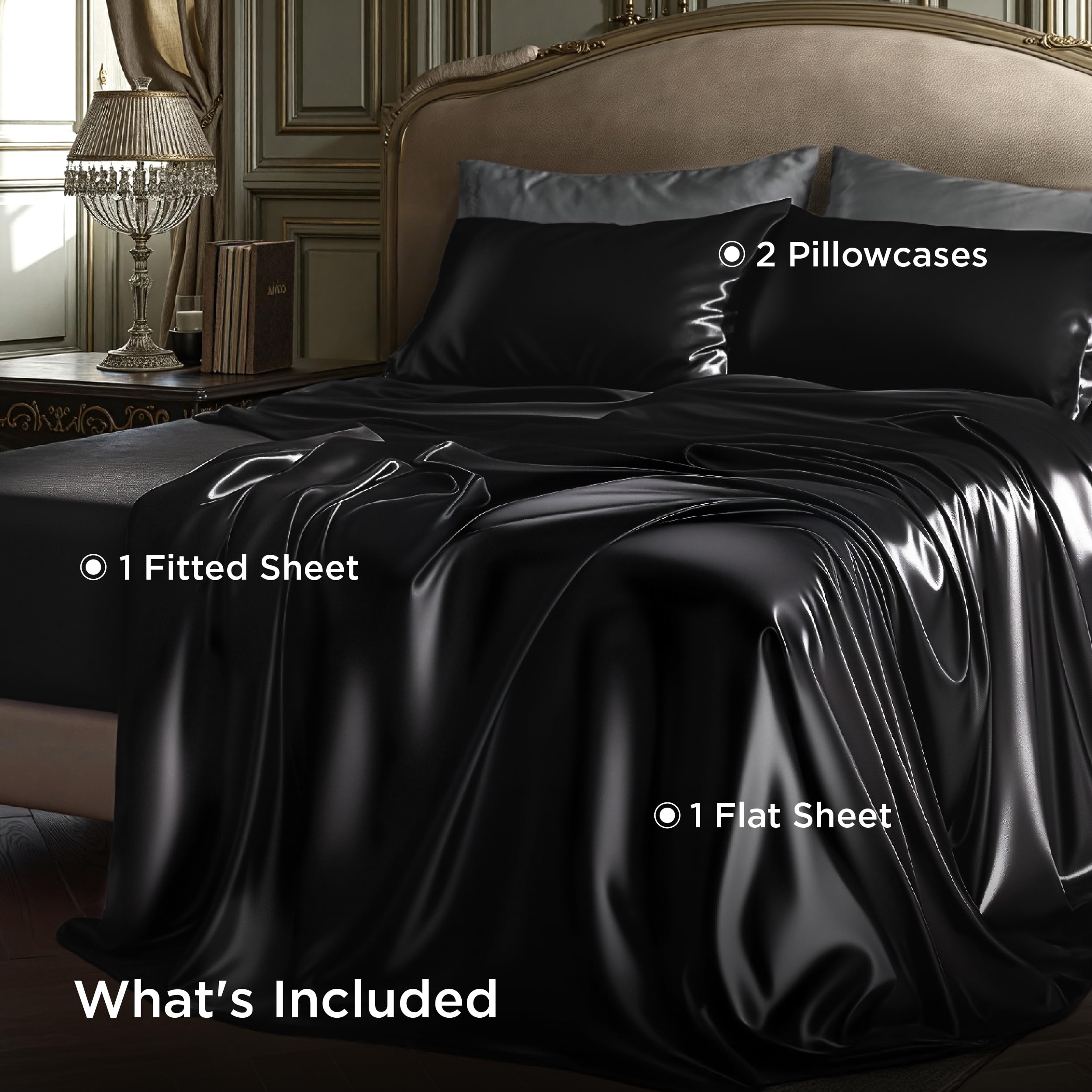 Bedsure bedroom lifestyle scene with black satin sheets creating elegant, calming sleep space