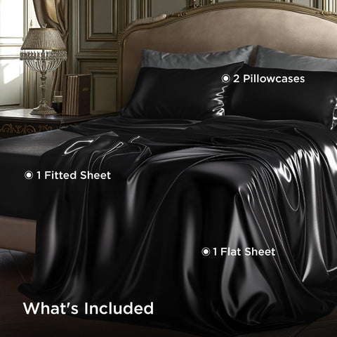 Bedsure bedroom lifestyle scene with black satin sheets creating elegant, calming sleep space