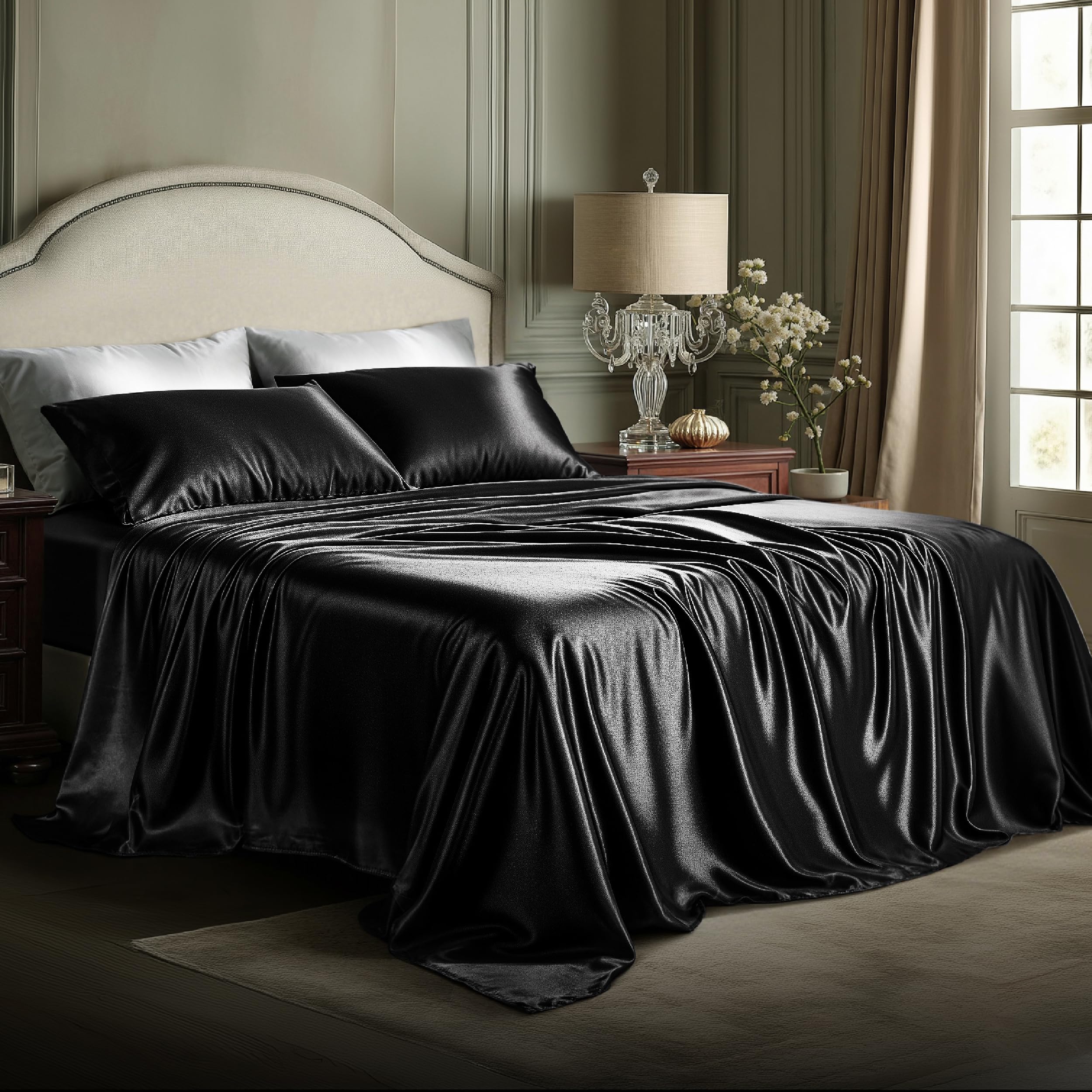 Bedsure front packaging showing black satin sheets and included pieces for easy identification