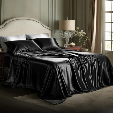Bedsure front packaging showing black satin sheets and included pieces for easy identification