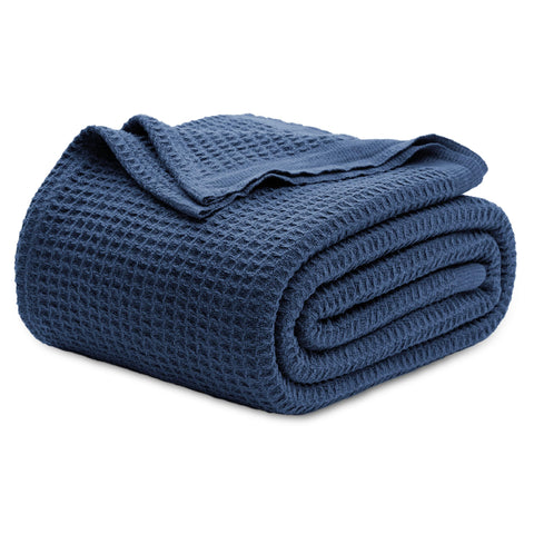 Bedsure navy blanket front view showing full coverage and cozy appeal