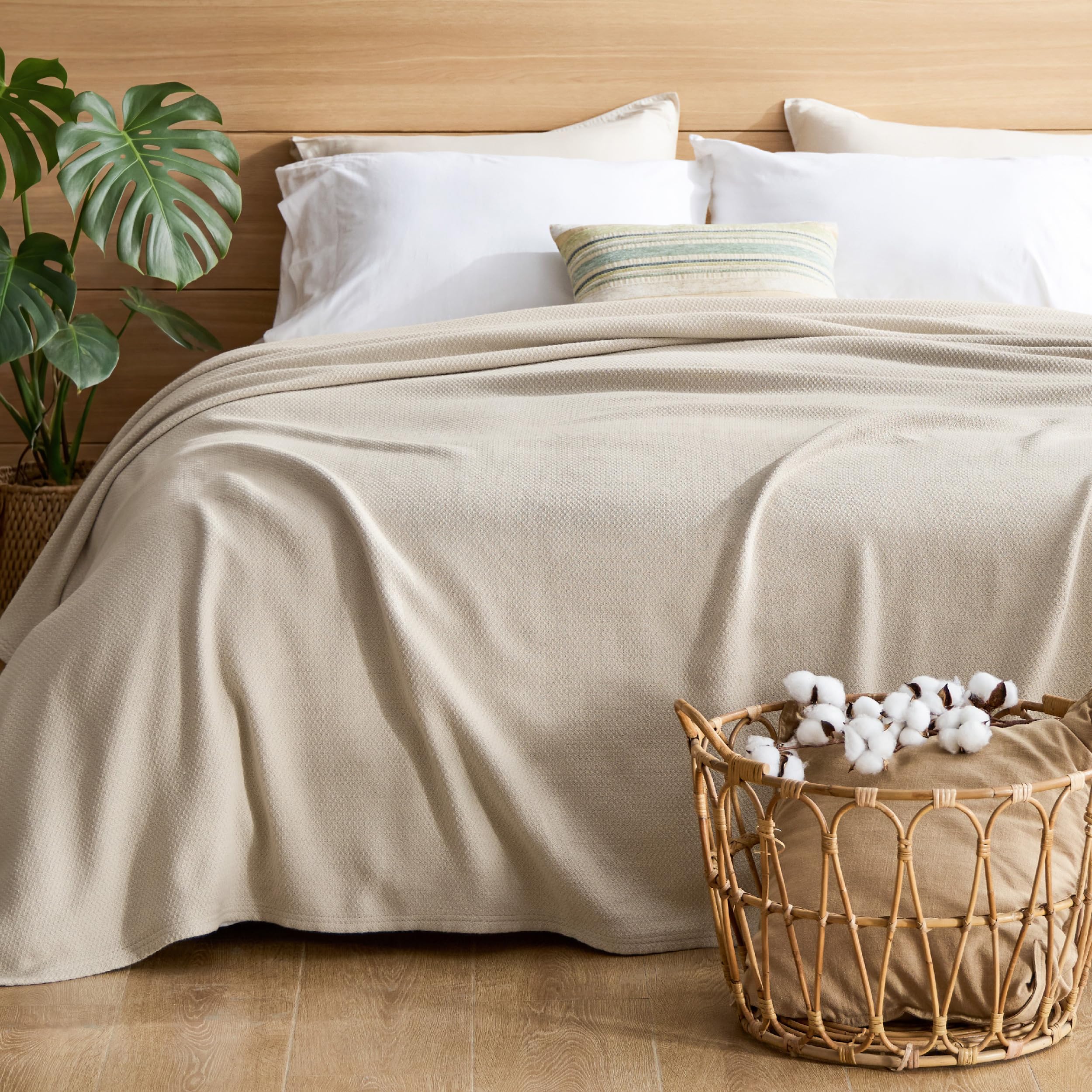Bedsure oversized king blanket spread on bed in linen beige for full coverage comfort