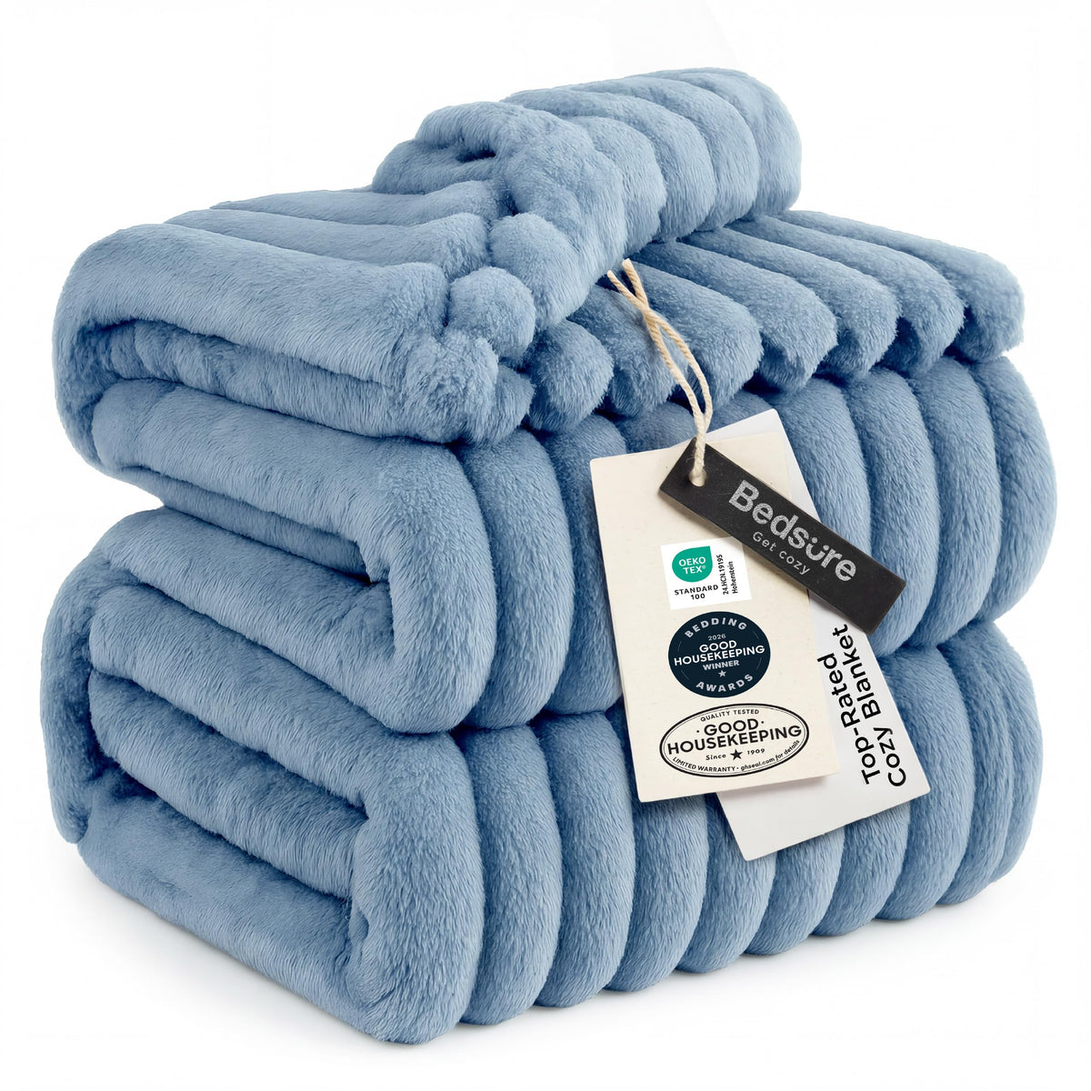 Bedsure blanket front flatlay showing blue stripe and full coverage comfort
