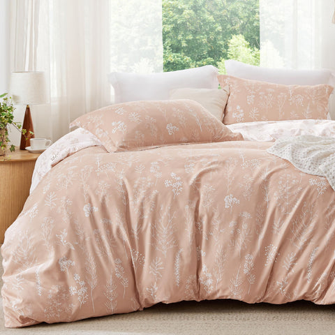 Bedsure front view of blush pink comforter set showing floral pattern and cozy appeal