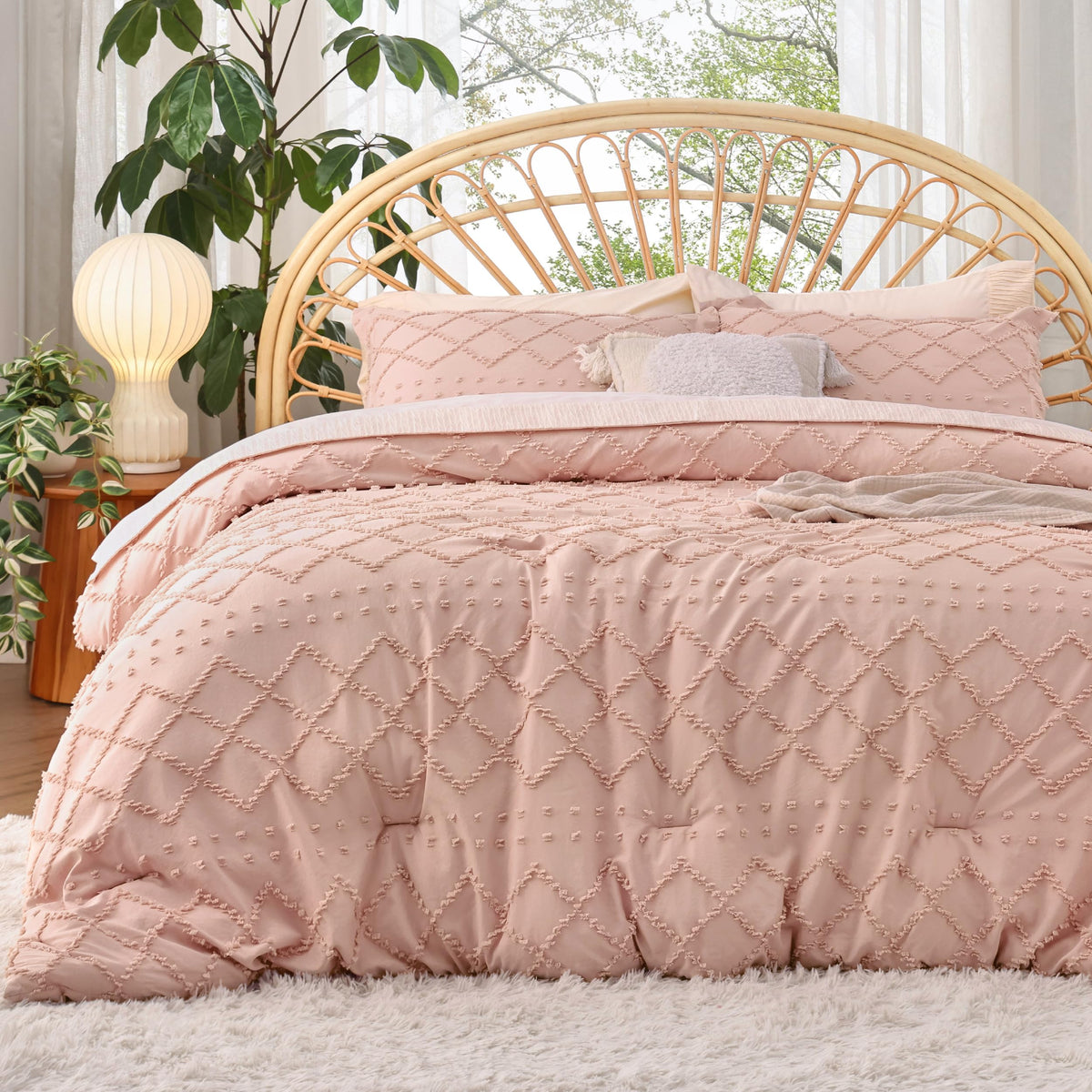 Bedsure boho tufted comforter front view showing coral pink color and cozy benefit