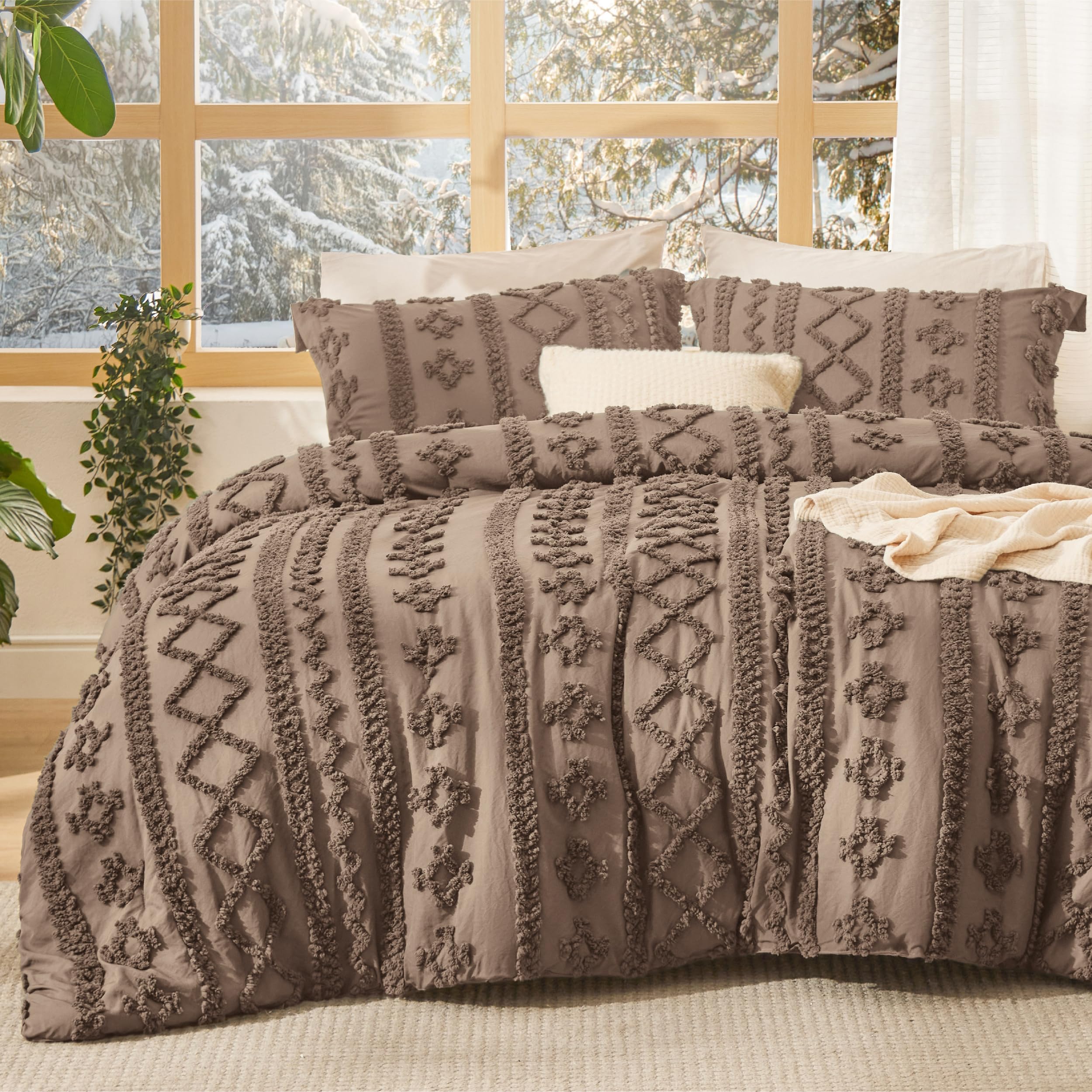 Bedsure front view of coffee brown king comforter showing boho styling and cozy appeal