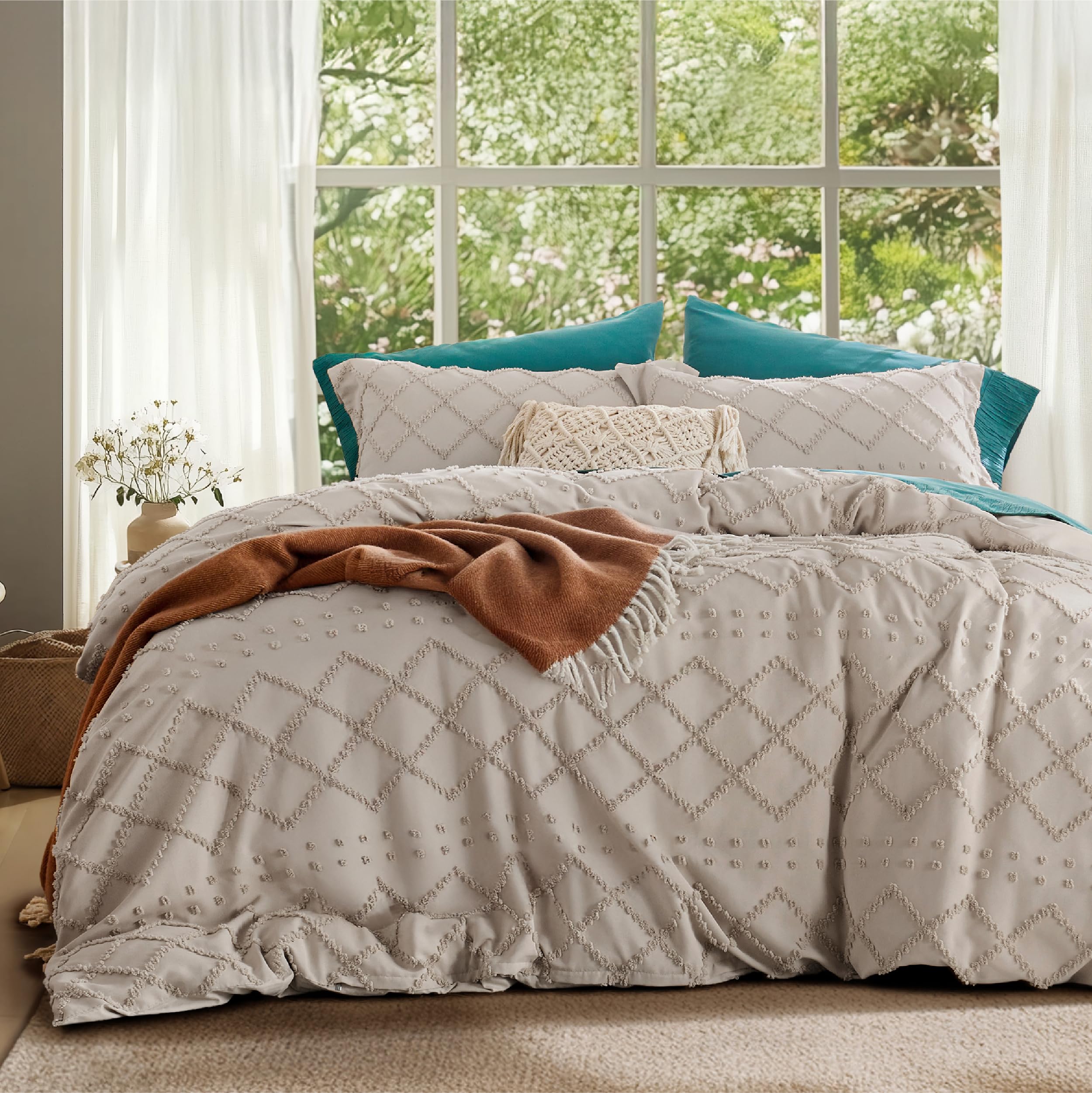 Bedsure duvet cover front view showing boho embroidery and cozy look