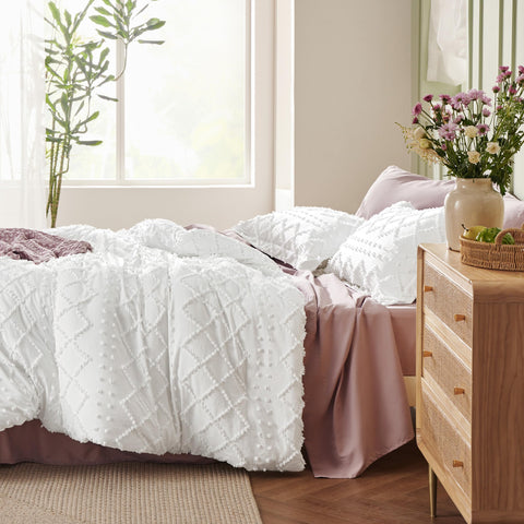 Bedsure comforter on queen bed styled with pillows showing versatile farmhouse look
