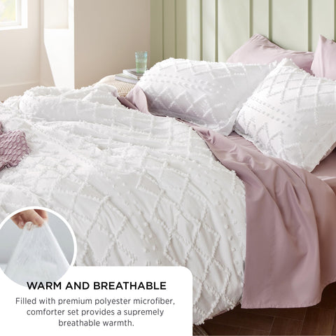 Bedsure comforter next to measuring tape showing 90 by 90 inch queen scale