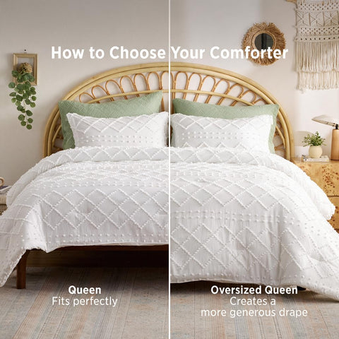 Bedsure comforter on styled bed illustrating farmhouse-boho look and layered warmth