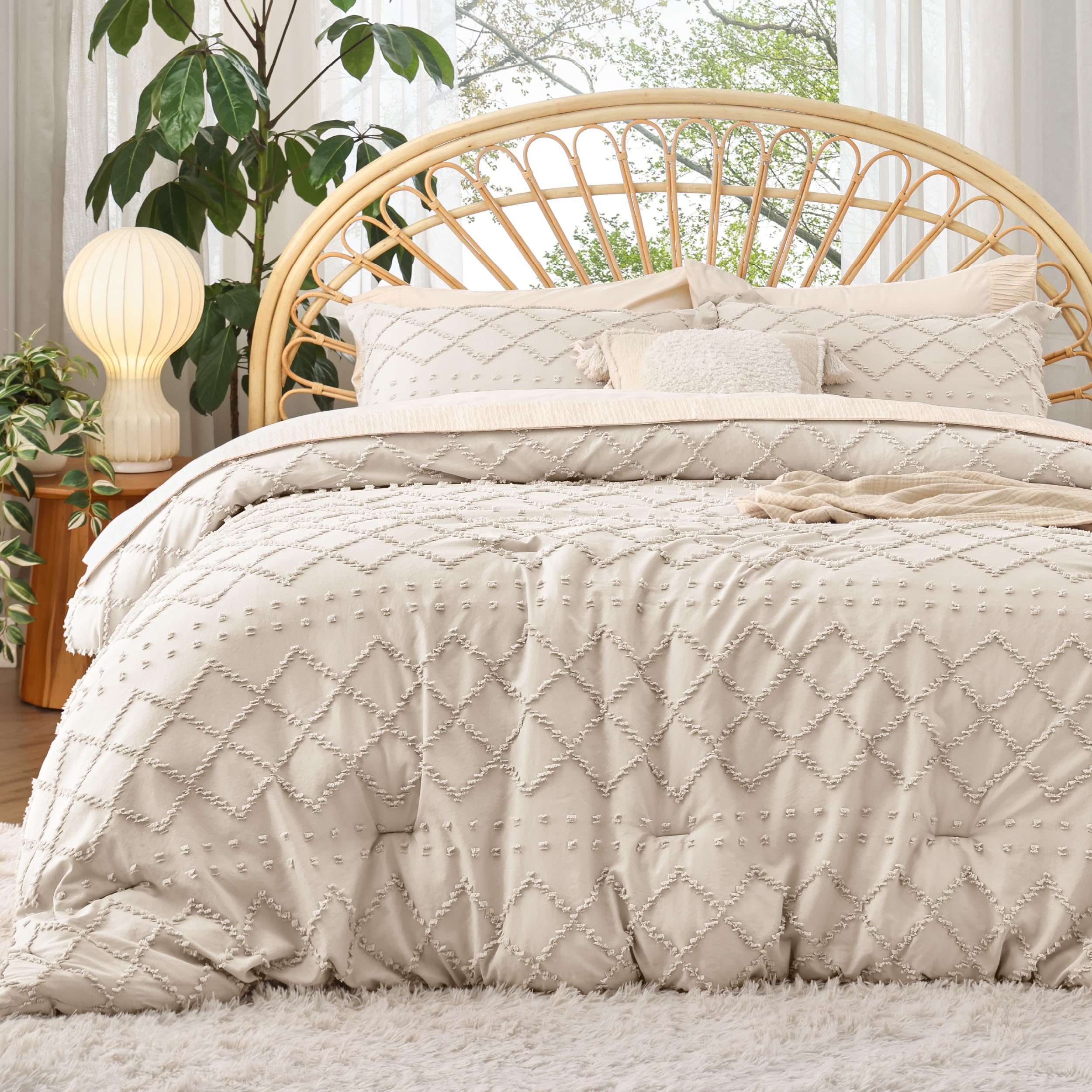 Bedsure front view of comforter set showing farmhouse beige styling and cozy appeal