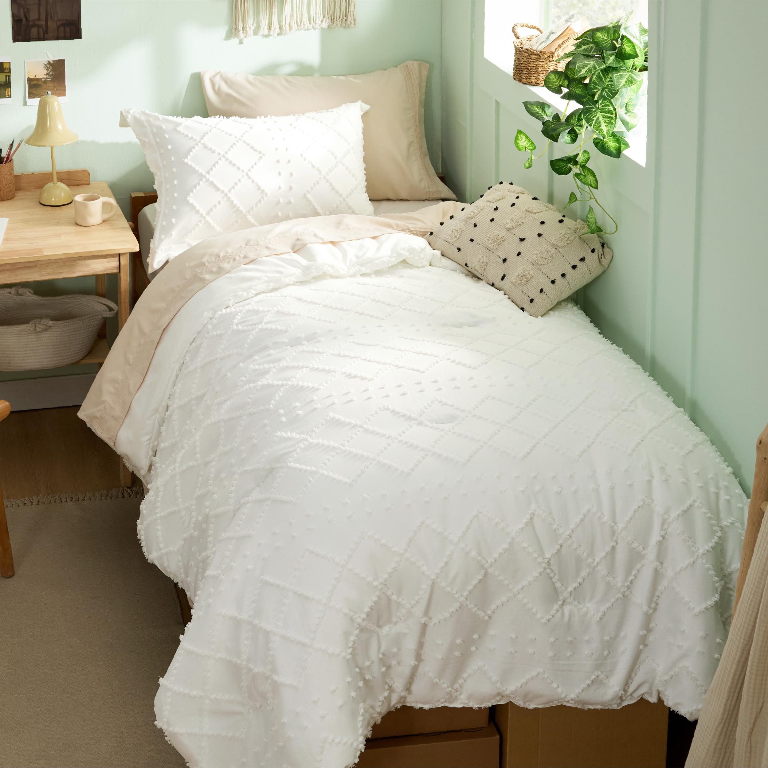 Bedsure comforter front view showing tufted design and calming ivory tone for cozy styling