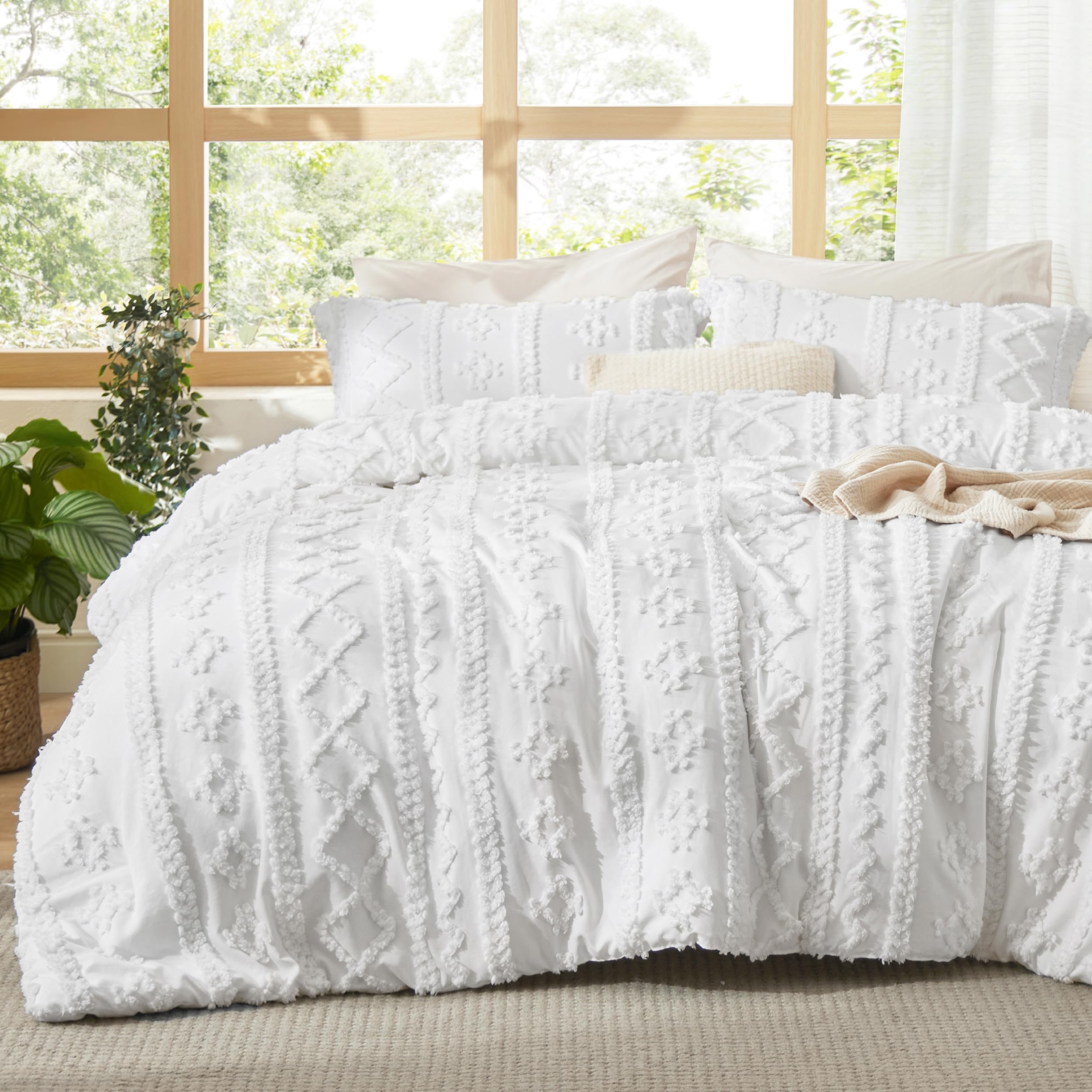 Bedsure bright white comforter front view showing clean boho style and instant room refresh