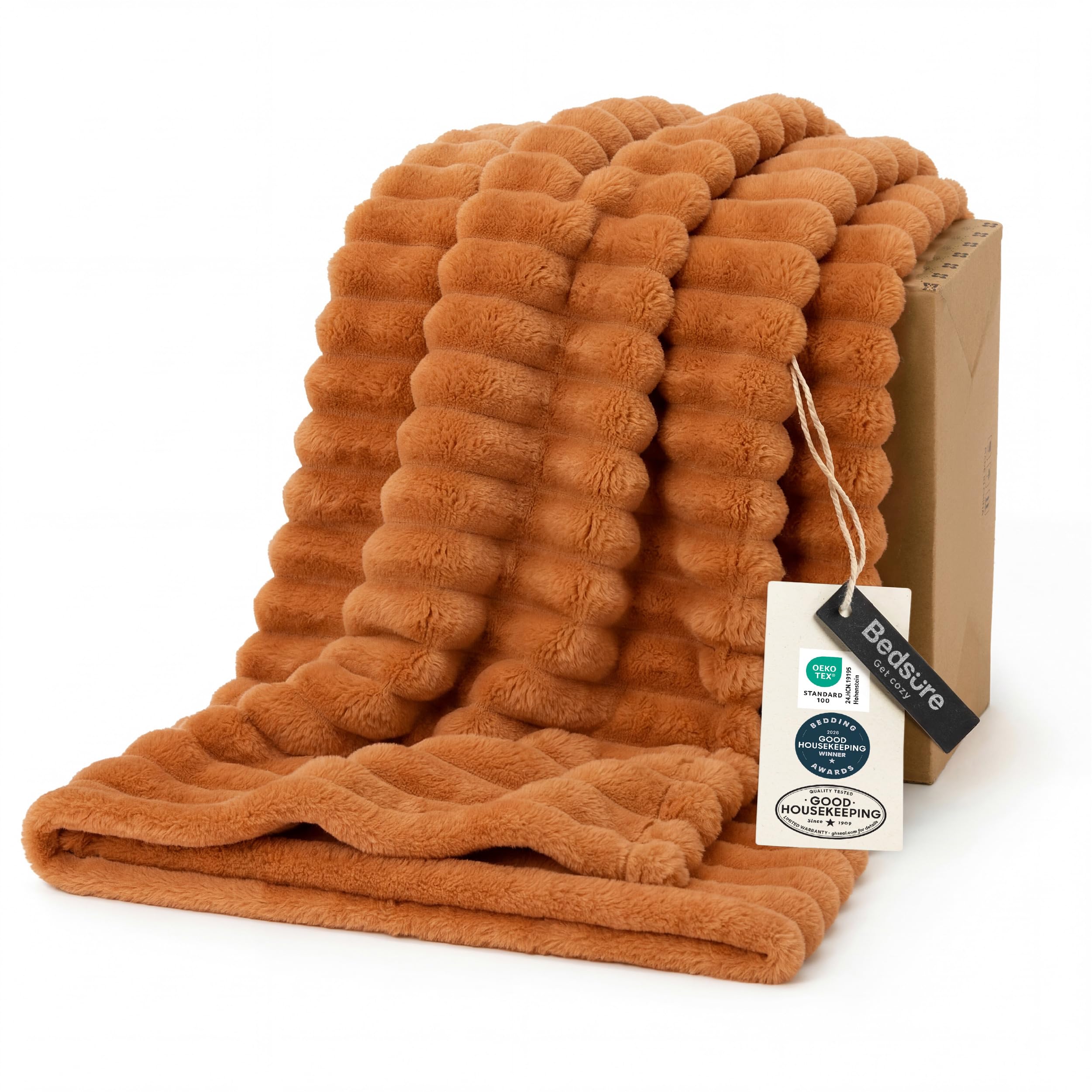 Bedsure blanket front view showing burnt orange warmth and soft look