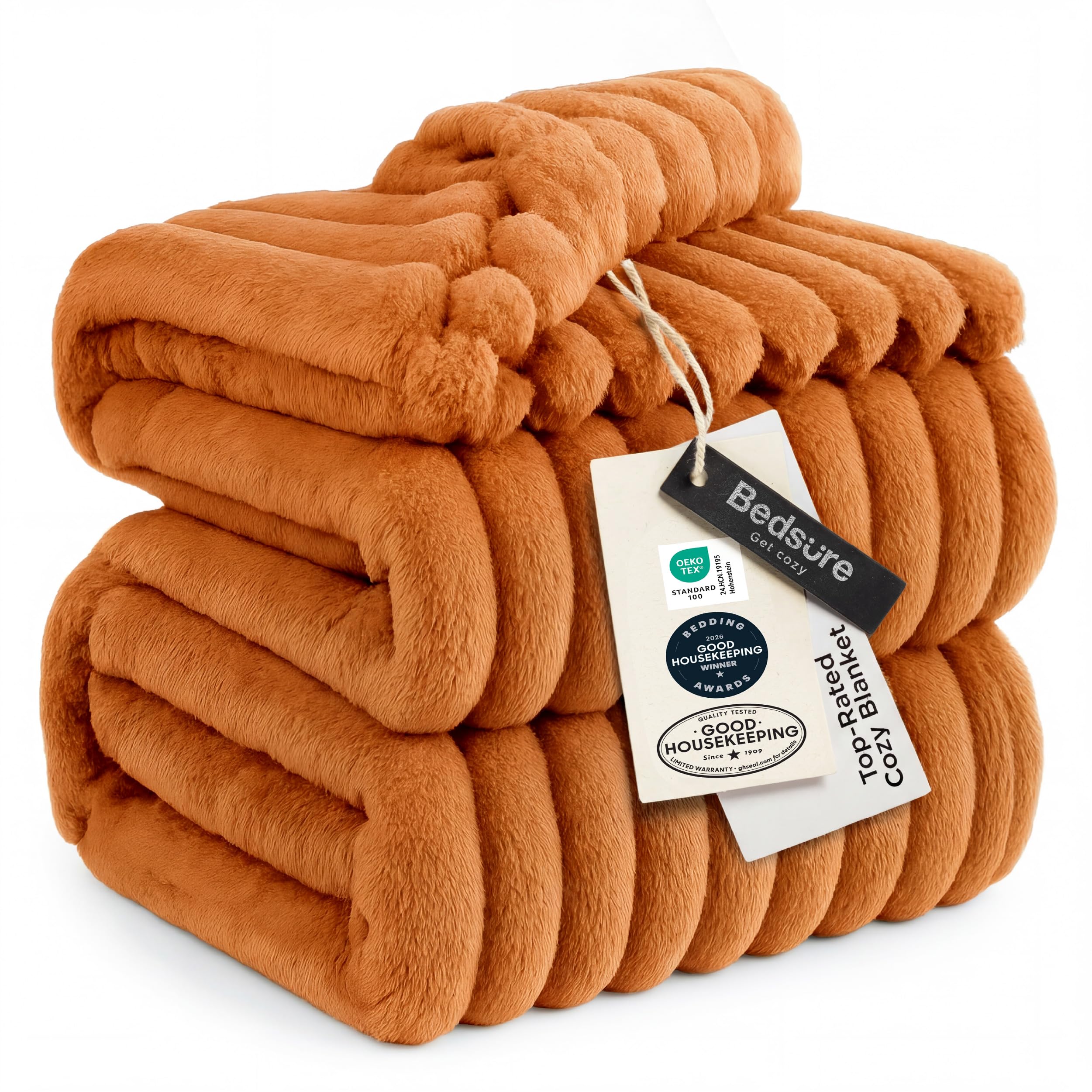Bedsure burnt orange blanket front view shows plush warmth