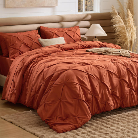 Bedsure front view of burnt orange king comforter set shows inviting color and style
