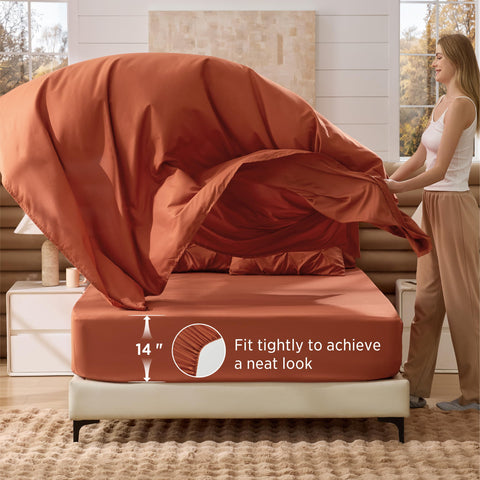 Bedsure full bedroom scene with set on a king bed showing warm, modern styling