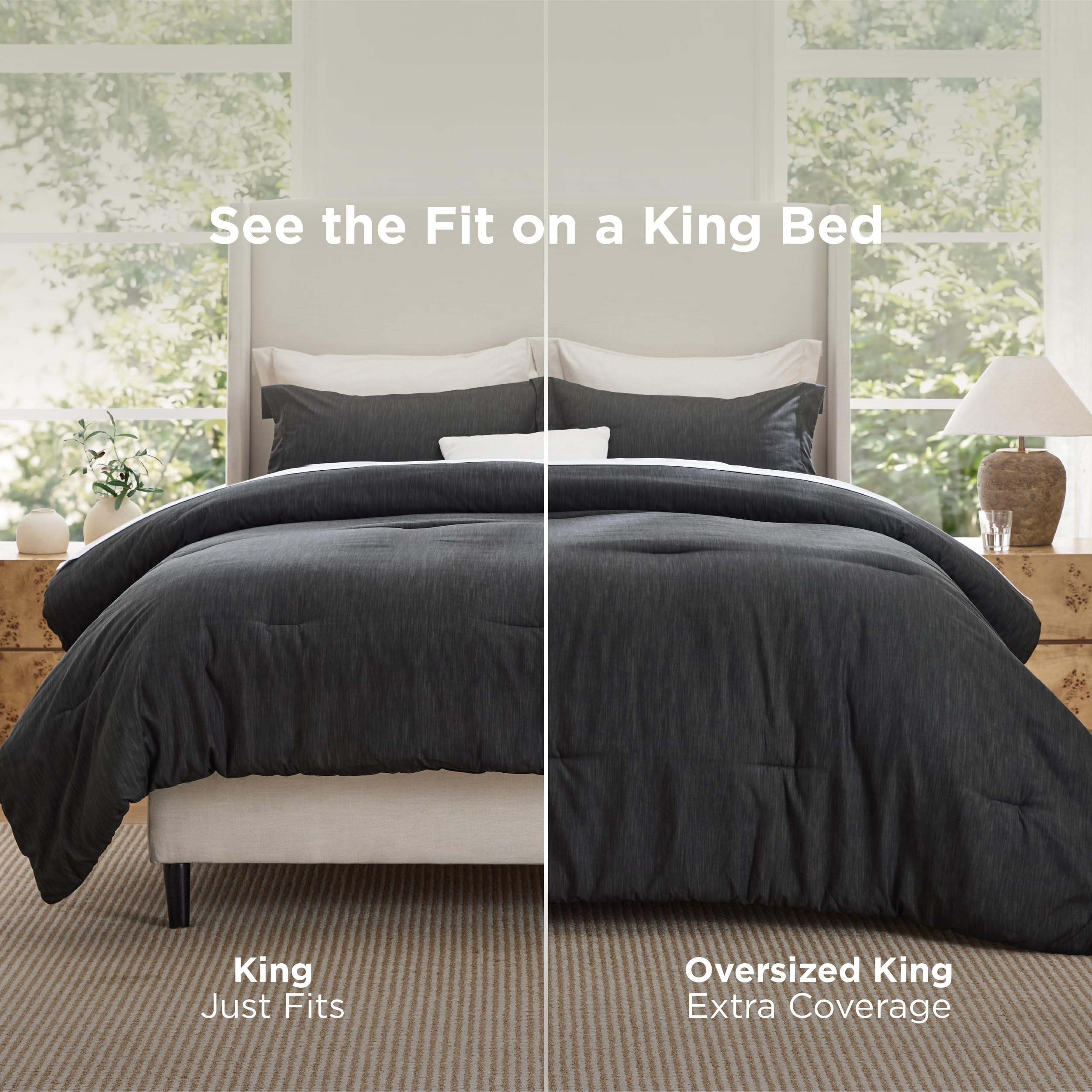 Bedsure charcoal comforter on styled bed demonstrating cozy bedroom appeal