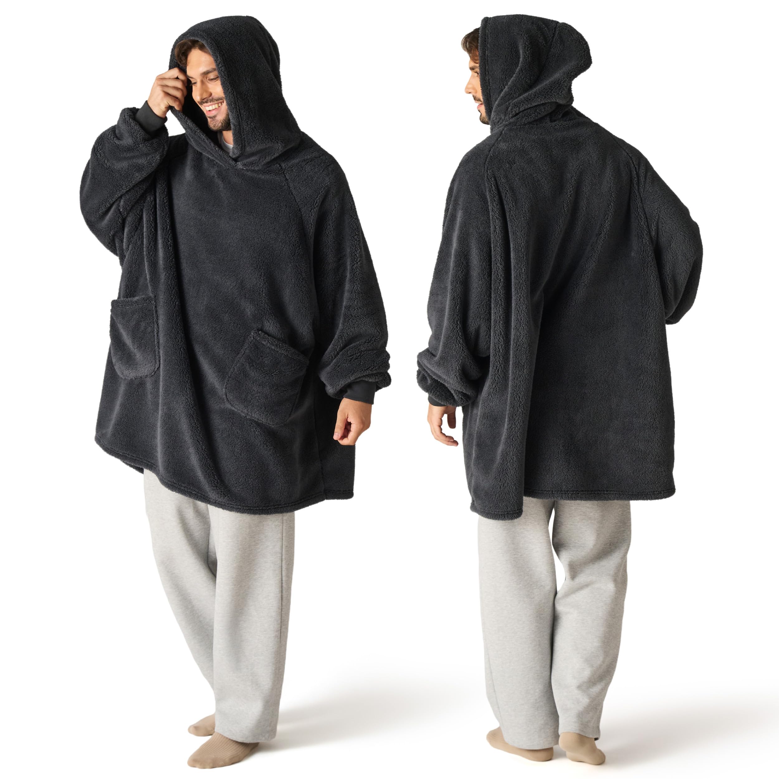 Bedsure charcoal hoodie front view showing oversized fit and cozy look