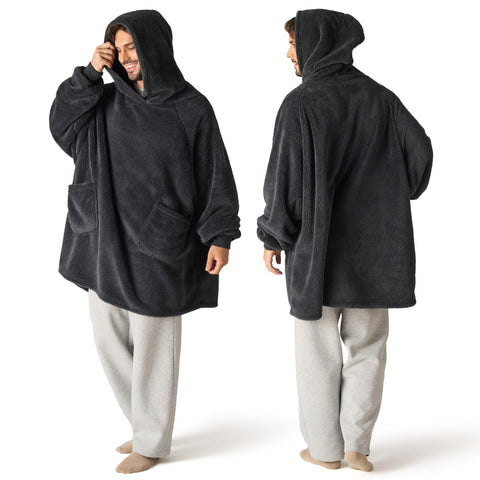 Bedsure charcoal hoodie front view showing oversized fit and cozy look
