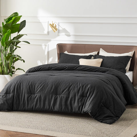 Bedsure charcoal comforter in warm and cool lighting showing true color depth