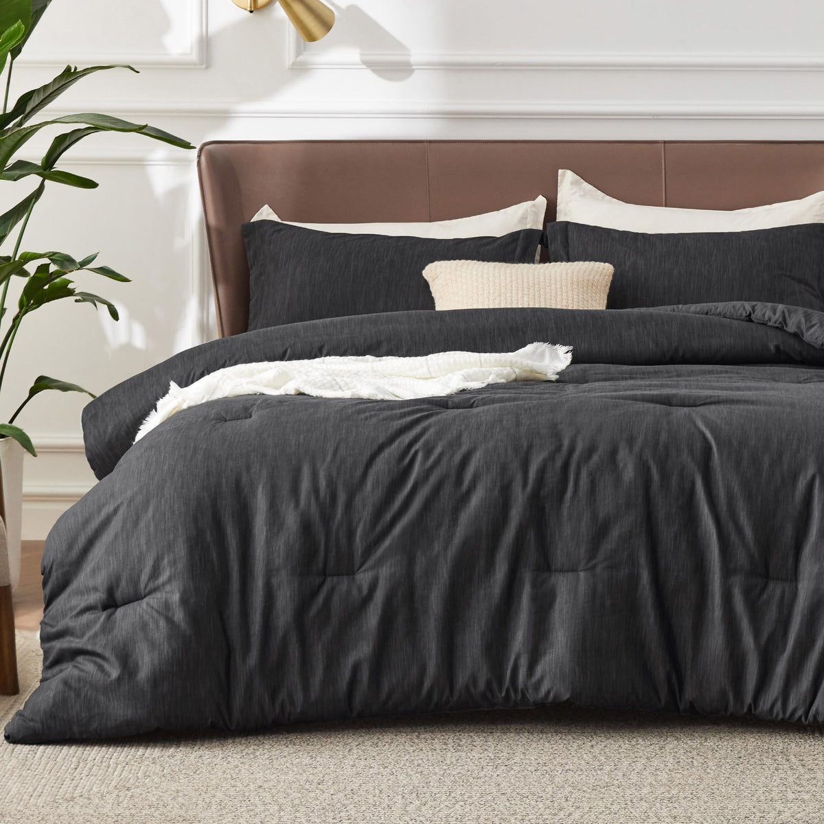 Bedsure charcoal king comforter front view showing full coverage and neat corners