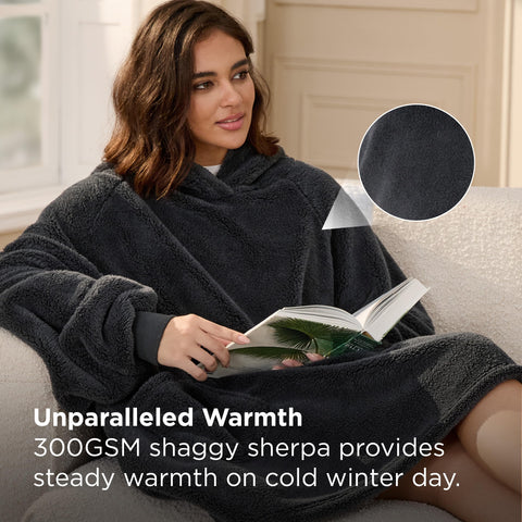 Bedsure model wearing hoodie on couch conveying relaxed home comfort